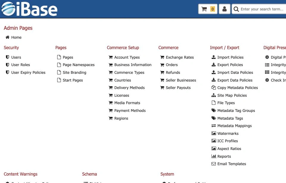 iBase administration page showing security, page, commerce, import, export and preservation settings