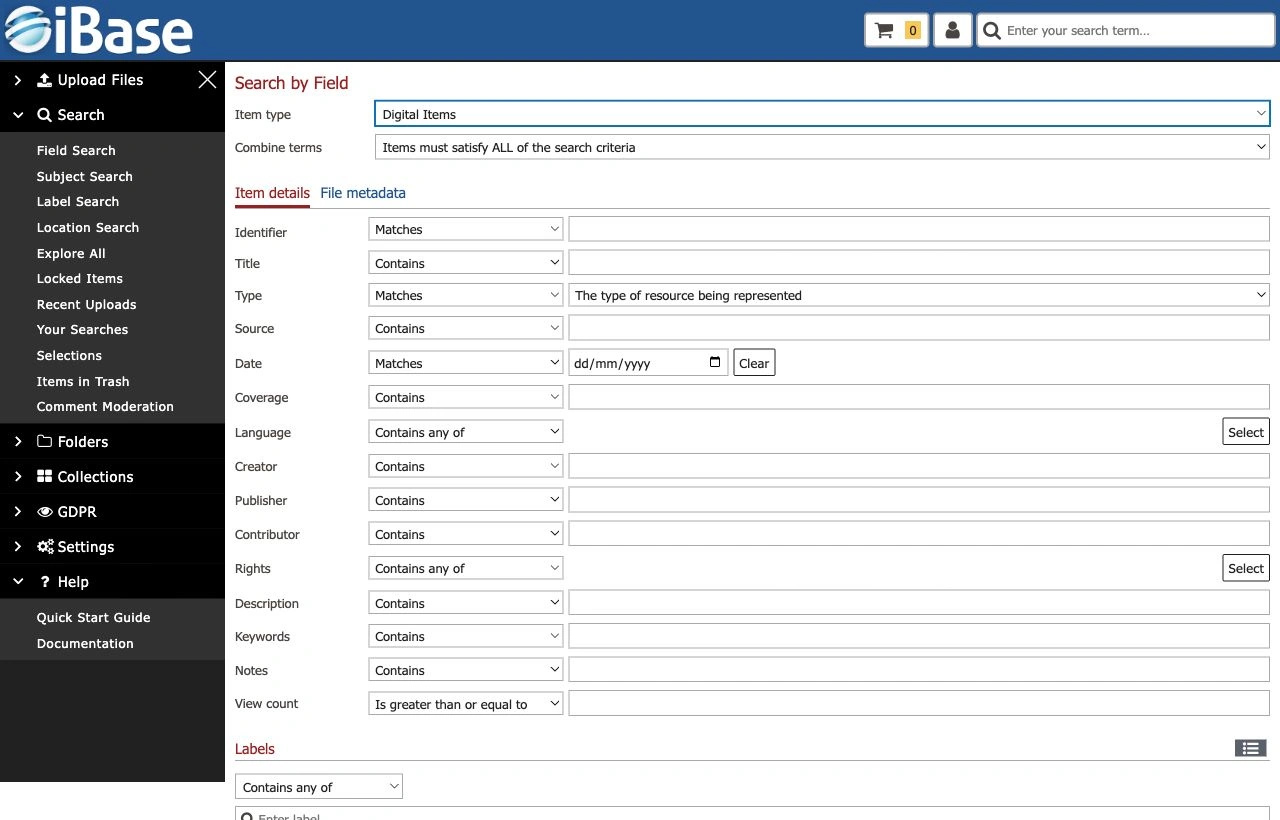 iBase field search screen with item type, combine terms and searchable metadata fields