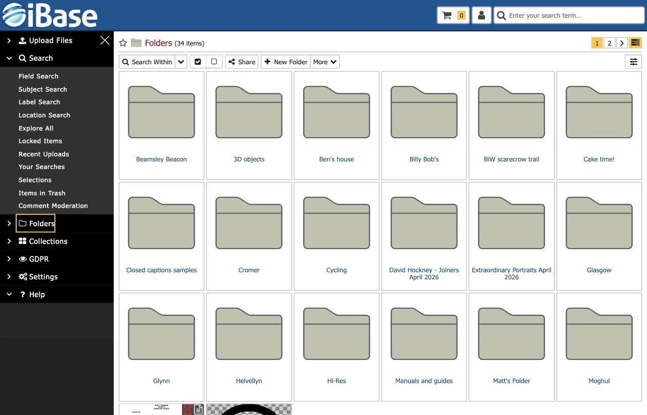 iBase folders page showing folder tiles, search within controls, share, new folder and more actions