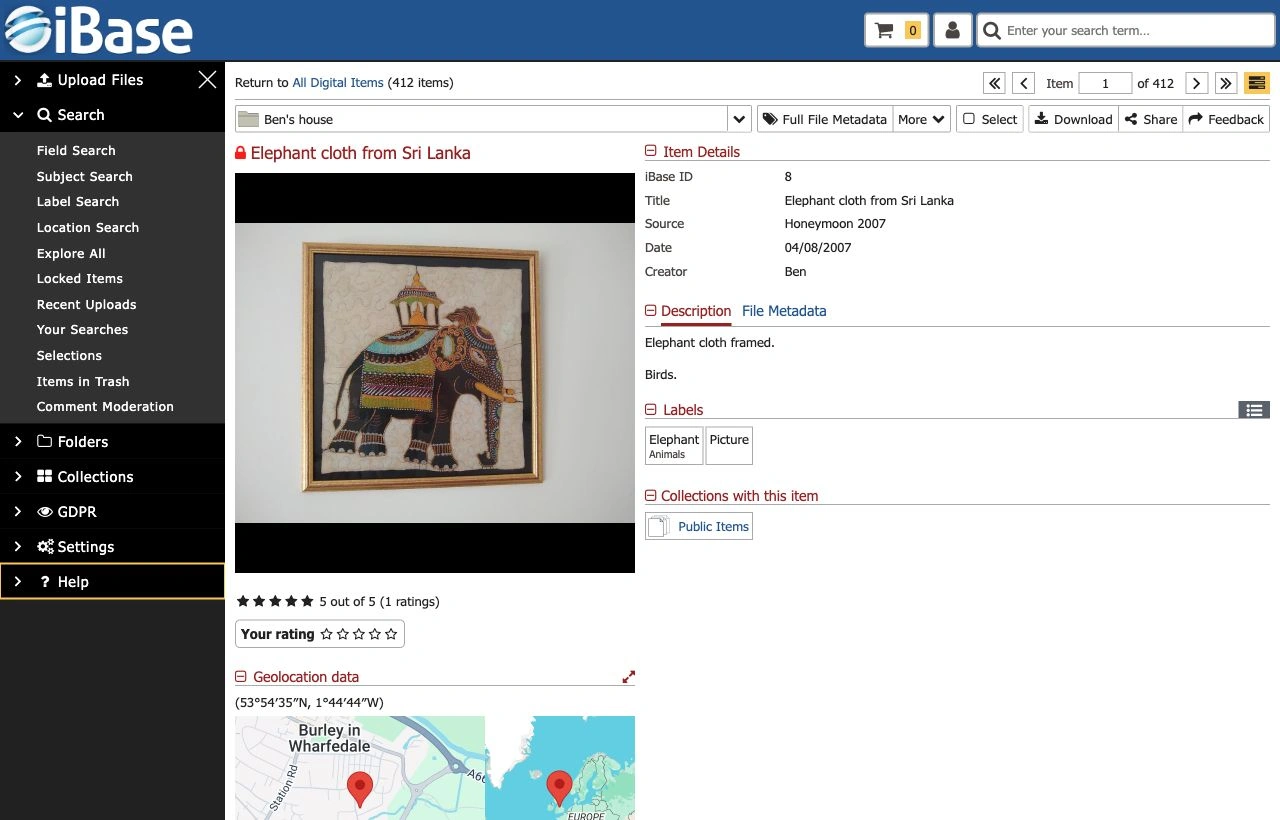 iBase item page showing preview, item details, description, labels and actions