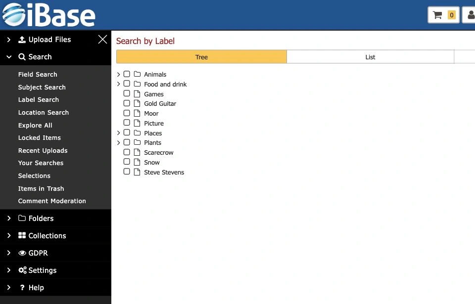 iBase label search screen showing the label tree, list view and index controls