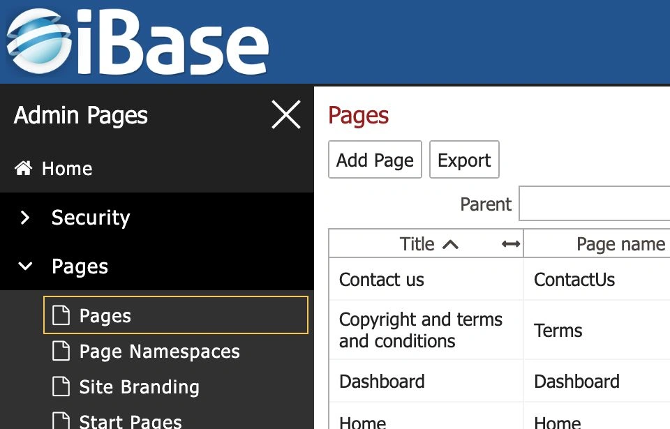 iBase Pages list showing page management navigation, Add Page, filters and page rows