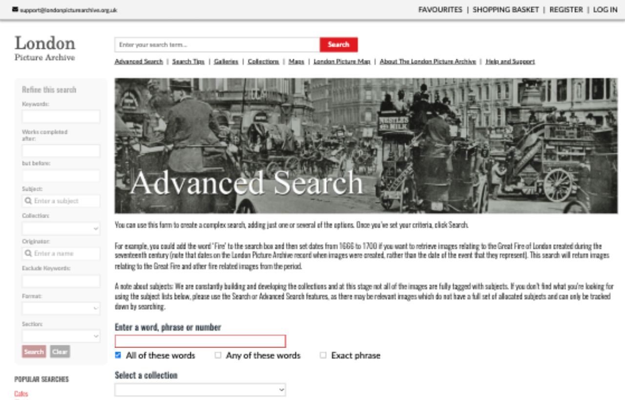 London Picture Archive advanced search screen